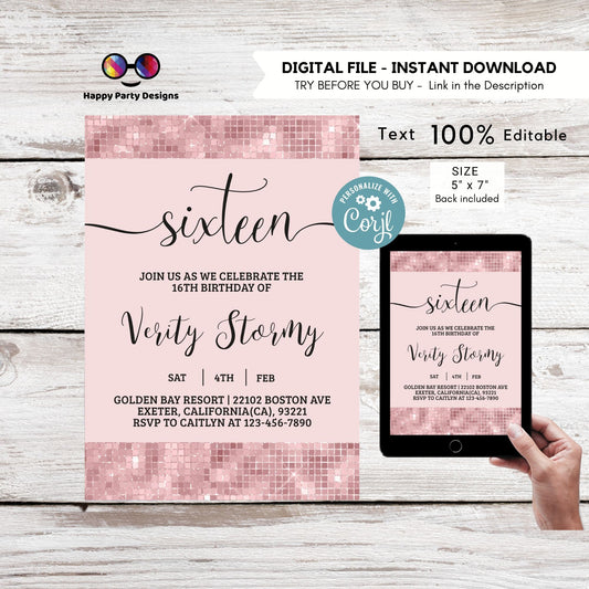 Editable Sweet Sixteen Invitation | Rose Gold Glitter Birthday Invitation | 16th Birthday | Glittery Girl Birthday | Blush Pink #K274