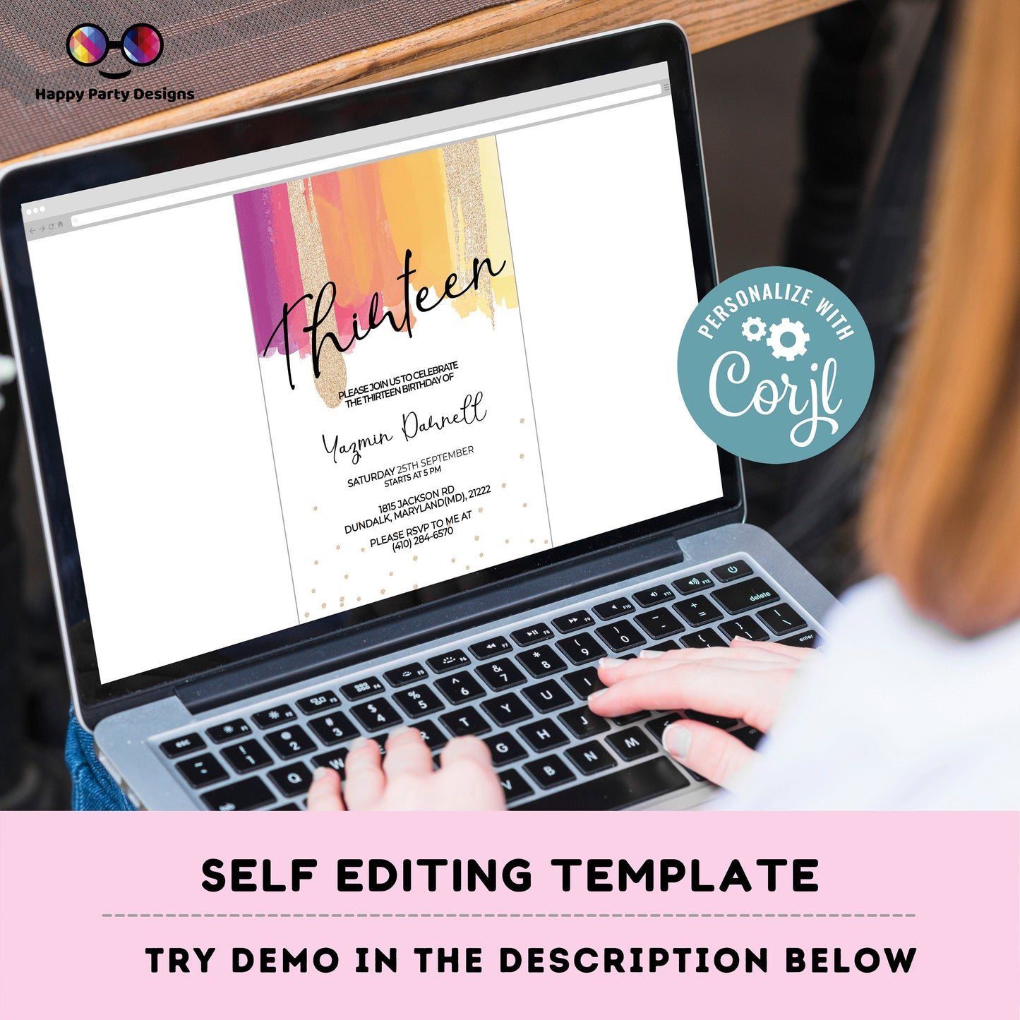 EDITABLE girl 13th birthday invitation | golden glitter Party | Birthday girl | 13th pink and purple Birthday | glow party #K275