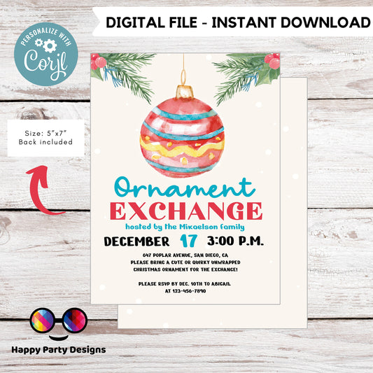Editable ornament exchange party Invitation | Christmas Party printable invite | Holiday Christmas Party Invitation | Christmas ornaments