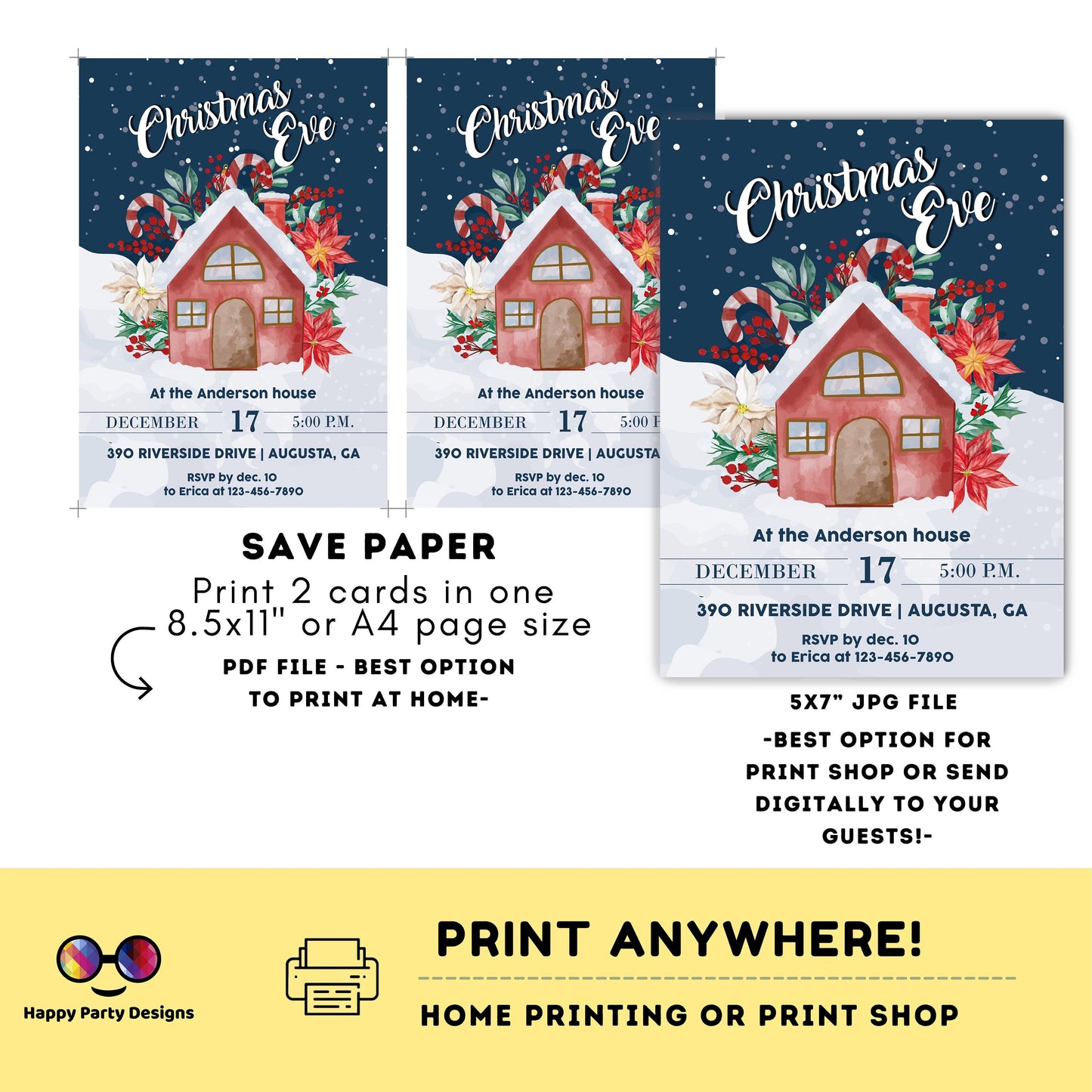 Editable Christmas eve party Invitation | Christmas Party printable invite | Holiday Christmas Party Invitation | Christmas with friends
