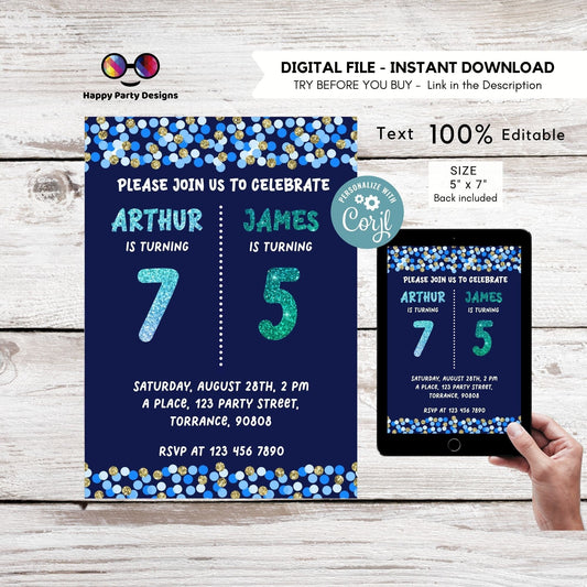 EDITABLE Sibling birthday invitations | any age! double birthday invitations | sibling party invitations | double party invitations #K198