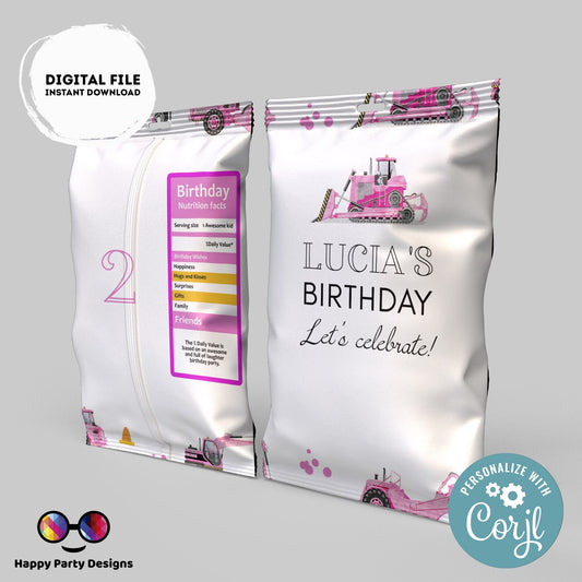 Editable under construction Chip Bag | Digital trucks printable Chip Bag | Party Snack trucks birthday girl | Personalized Favors  #K69