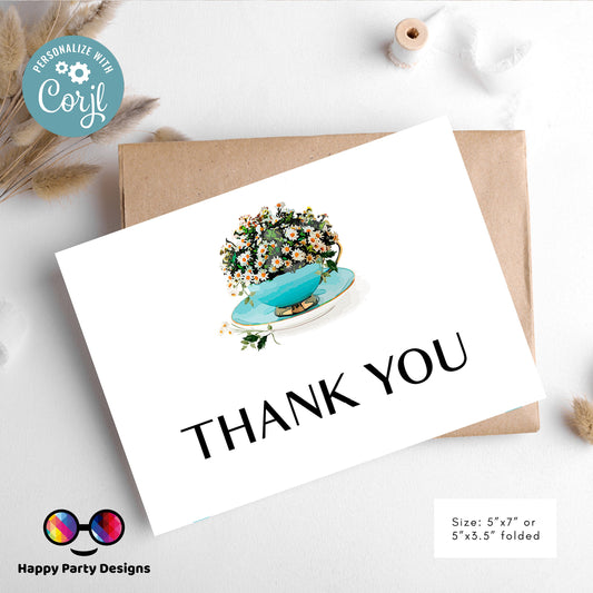 Printable Tea Thank You Card | Bridal Shower | Baby Shower | Folded Notes Blank Inside | Tea Party Thank You Card Template #W2