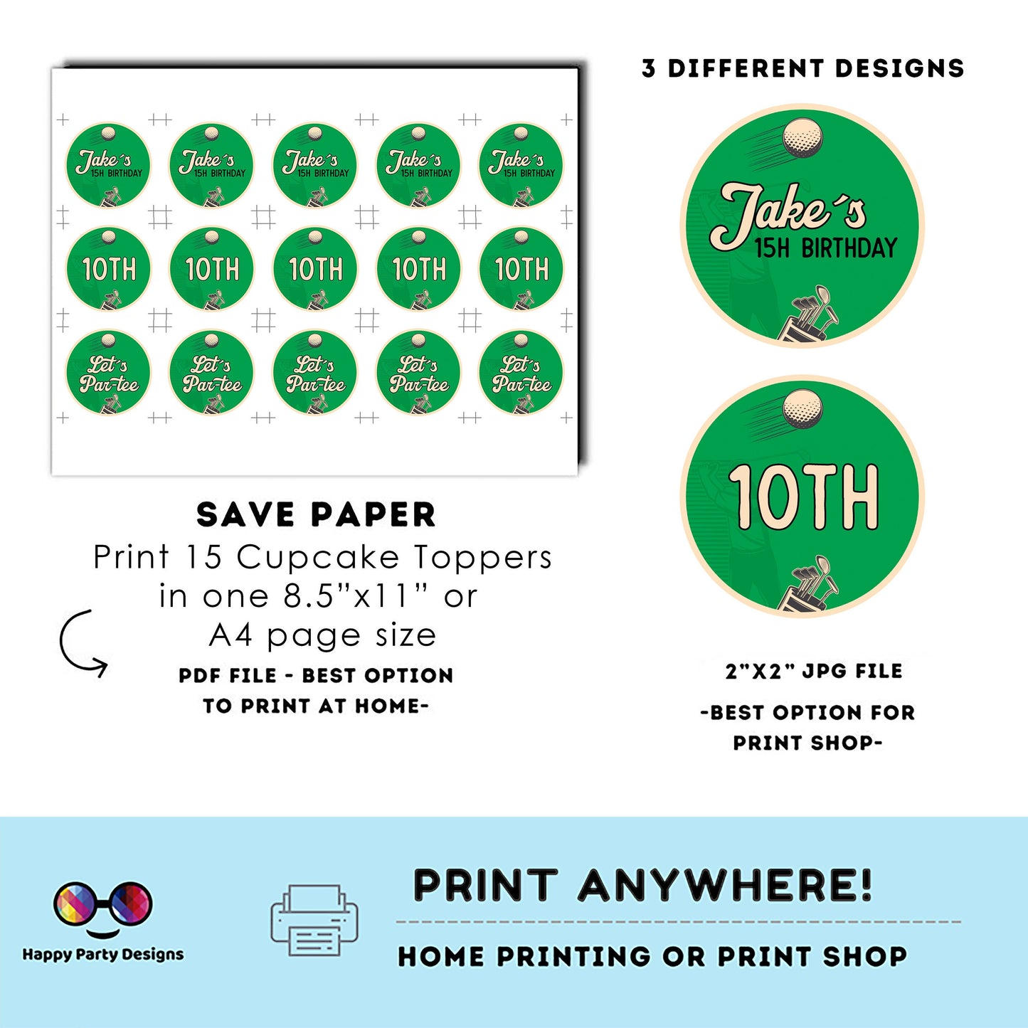 Editable golf Cupcake toppers template | golf Party birthday boy | Par-tee Birthday Party | Boy Birthday Party | Stickers | round tag #K179