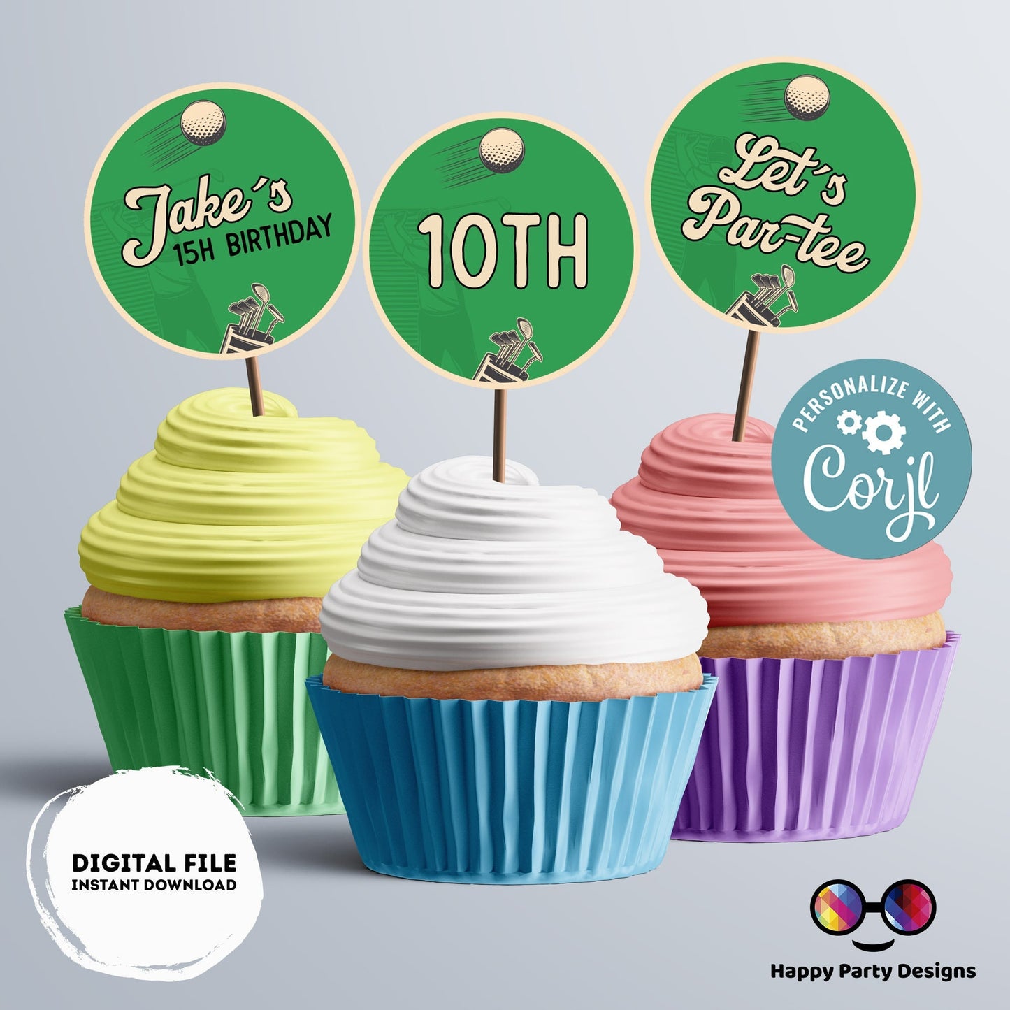 Editable golf Cupcake toppers template | golf Party birthday boy | Par-tee Birthday Party | Boy Birthday Party | Stickers | round tag #K179