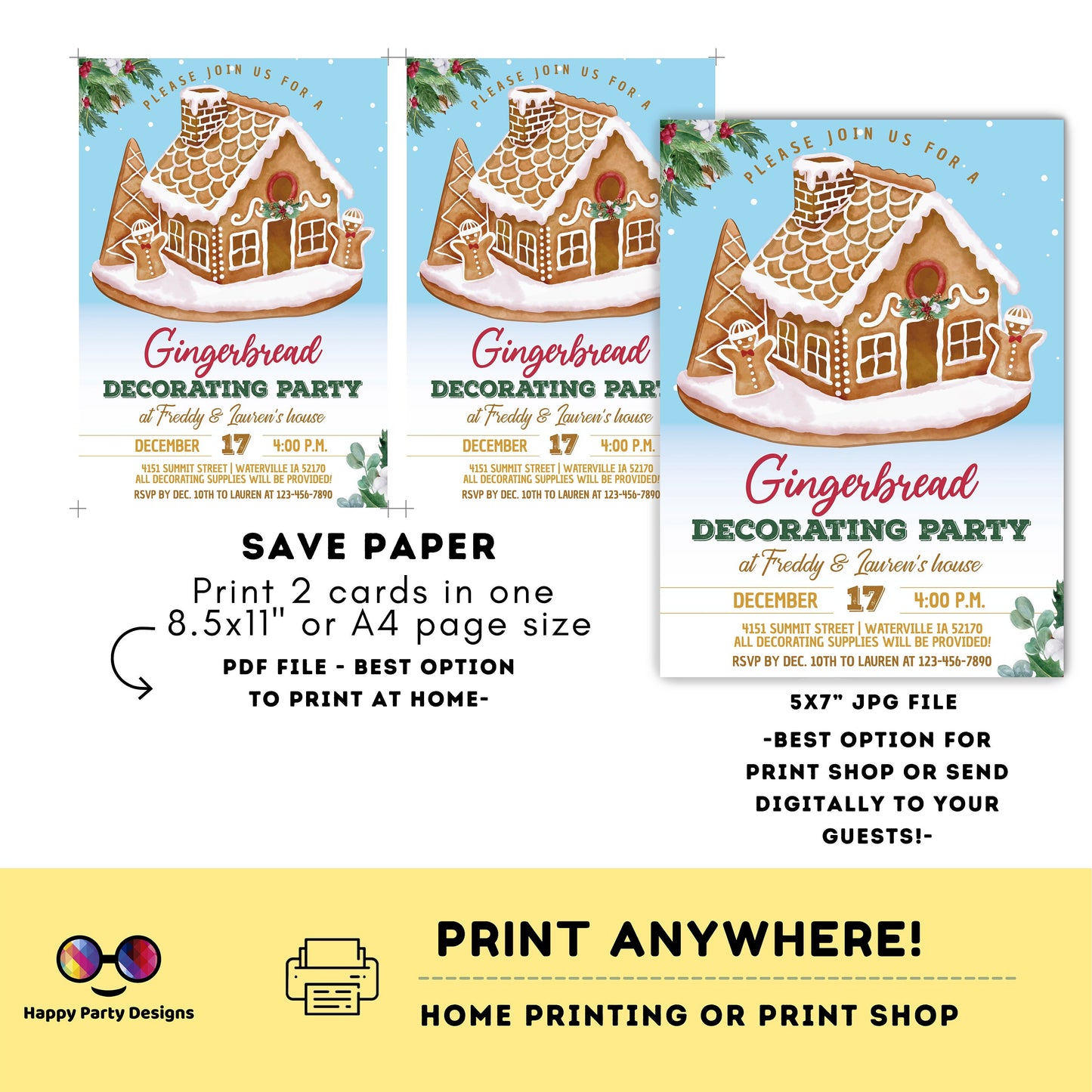 Editable Gingerbread decorating party Invitation | Christmas Party printable invite | Holiday Christmas Party Invitation #A50