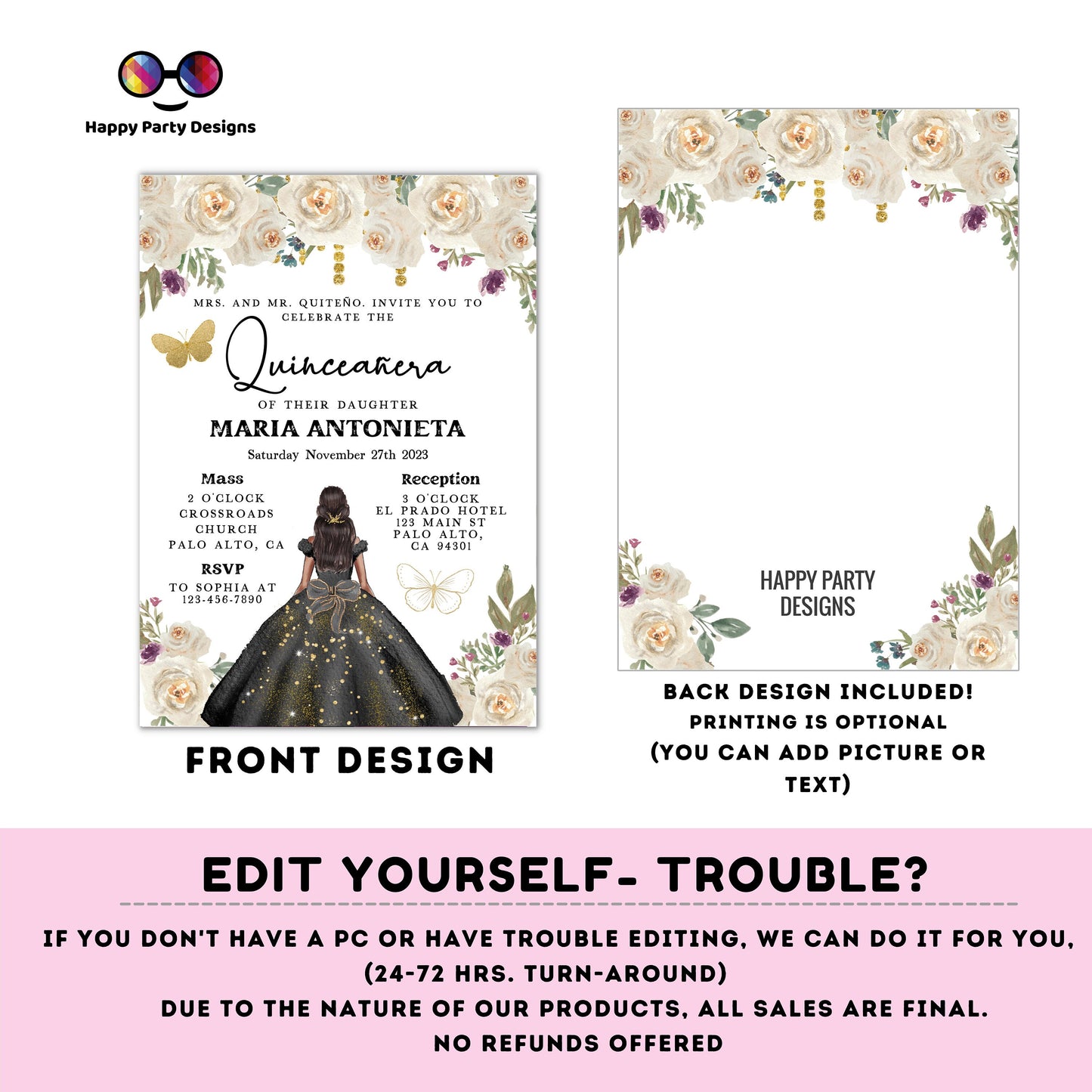 Editable BLACK dress Quinceañera Invitation | EDITABLE TEMPLATE Mis Quince 15 | 16th Birthday Instant Download | Girl Birthday #K276