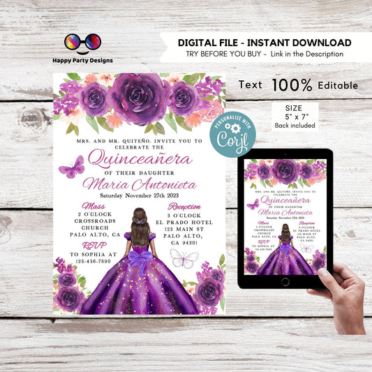 Editable PURPLE dress Quinceañera Invitation | TEMPLATE Mis Quince 15 | 16th Birthday Instant Download | Girl Birthday #K277