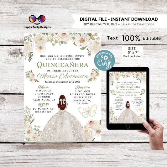 Editable SILVER WHITE dress Quinceañera Invitation | TEMPLATE Mis Quince 15 | 16th Birthday Instant Download | Girl Birthday #K278