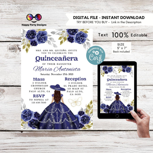 Editable NAVY BLUE dress Quinceañera Invitation | TEMPLATE Mis Quince 15 | 16th Birthday Instant Download | Girl Birthday #K279