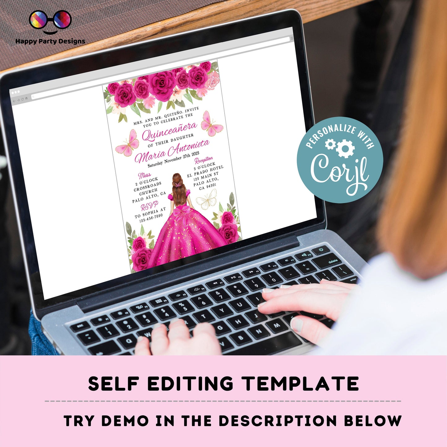 Editable FUCHSIA dress Quinceañera Invitation | EDITABLE TEMPLATE Mis Quince 15 | 16th Birthday Instant Download | Girl Birthday #K169