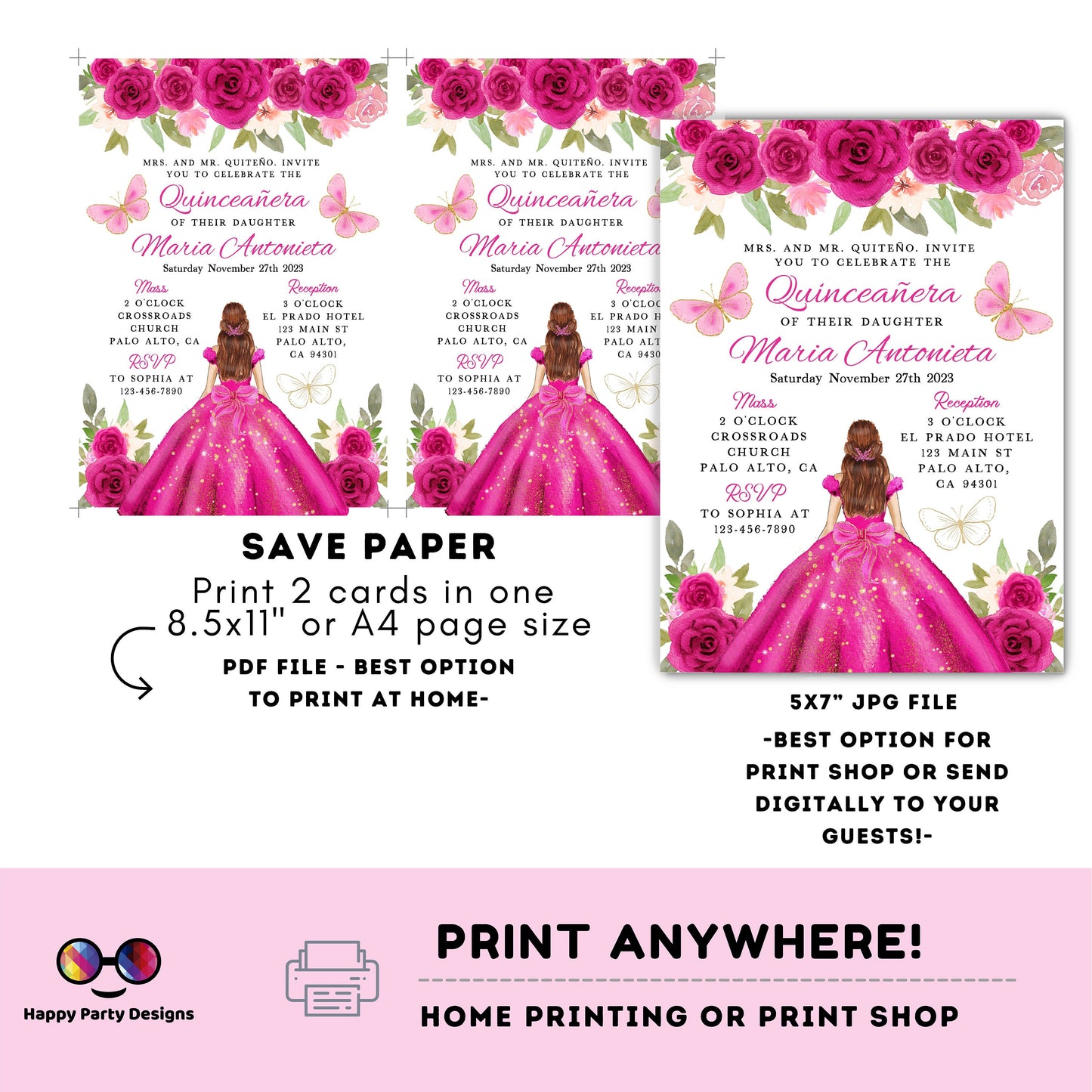 Editable FUCHSIA dress Quinceañera Invitation | EDITABLE TEMPLATE Mis Quince 15 | 16th Birthday Instant Download | Girl Birthday #K169