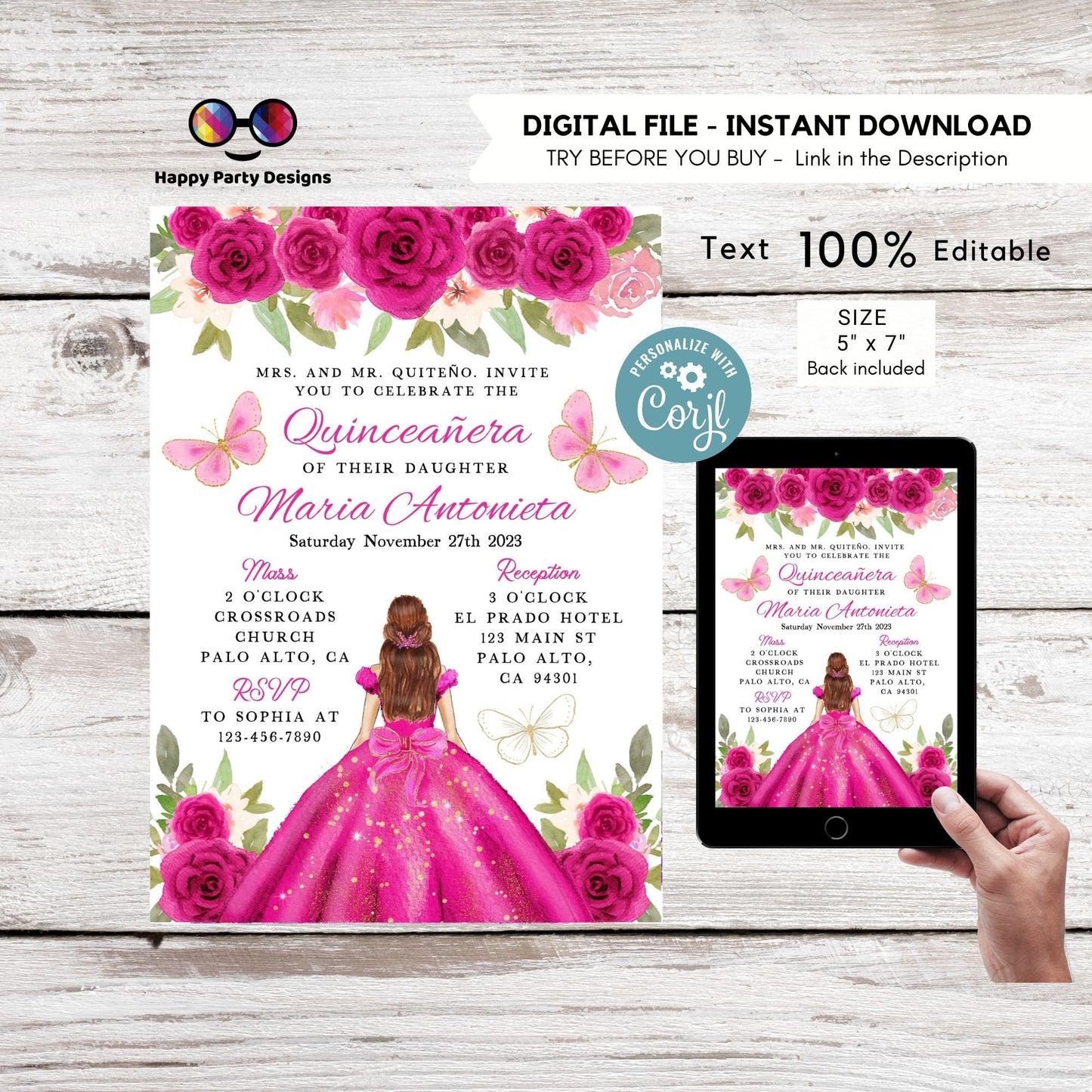 Editable FUCHSIA dress Quinceañera Invitation | EDITABLE TEMPLATE Mis Quince 15 | 16th Birthday Instant Download | Girl Birthday #K169