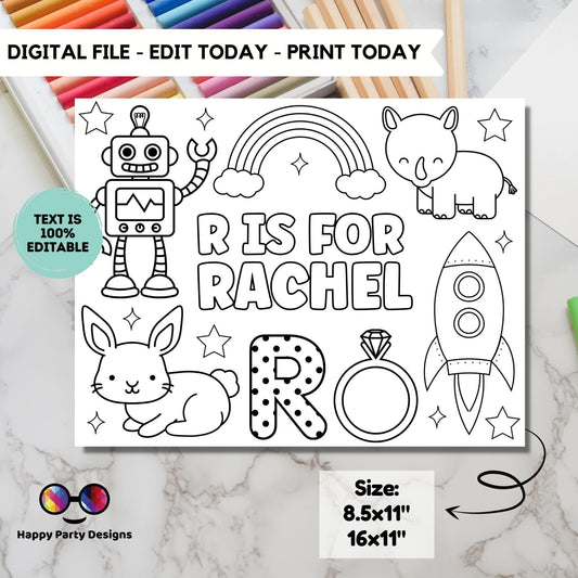 Editable name coloring page | R is for | personalized name alphabet placemat | Teacher material | Printable Preschool #SCH3