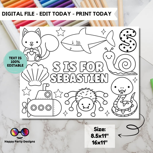 Editable name coloring page | S is for | personalized name alphabet placemat | Teacher material | Printable Preschool #SCH3