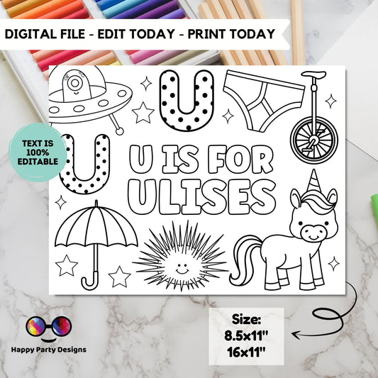 Editable name coloring page | U is for | personalized name alphabet placemat | Teacher material | Printable Preschool #SCH3