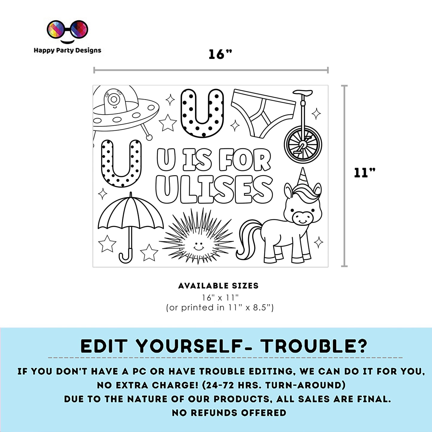 Editable name coloring page | U is for | personalized name alphabet placemat | Teacher material | Printable Preschool #SCH3