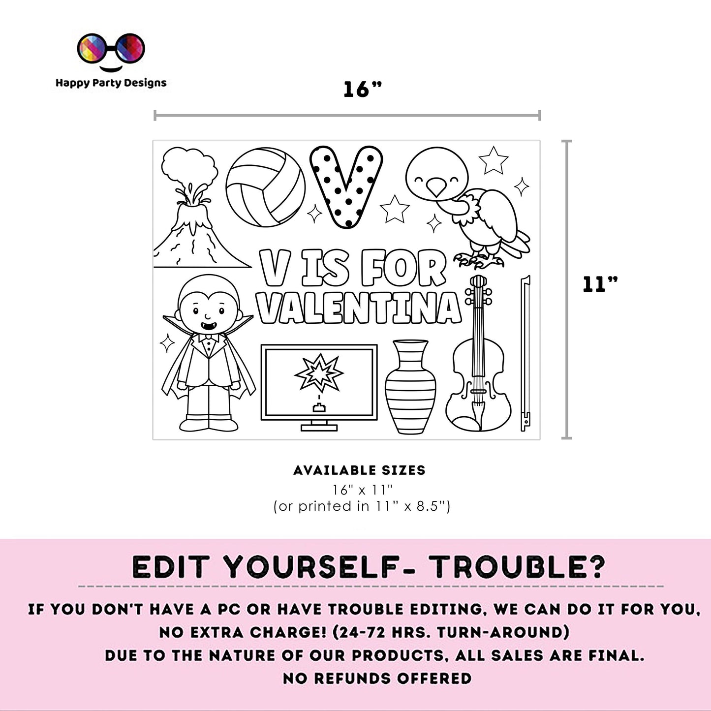 Editable name coloring page | V is for | personalized name alphabet placemat | Teacher material | Printable Preschool #SCH3