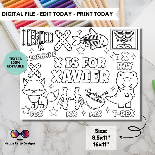 Editable name coloring page | X is for | personalized name alphabet placemat | Teacher material | Printable Preschool #SCH3