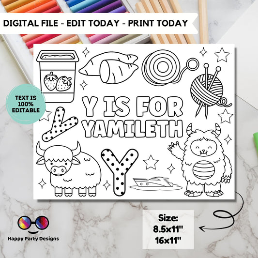 Editable name coloring page | Y is for | personalized name alphabet placemat | Teacher material | Printable Preschool #SCH3