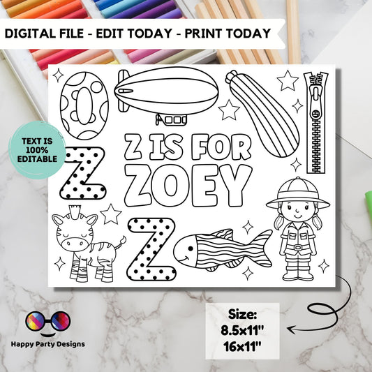 Editable name coloring page | Z is for | personalized name alphabet placemat | Teacher material | Printable Preschool #SCH3