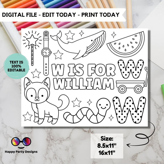 Editable name coloring page | W is for | personalized name alphabet placemat | Teacher material | Printable Preschool #SCH3