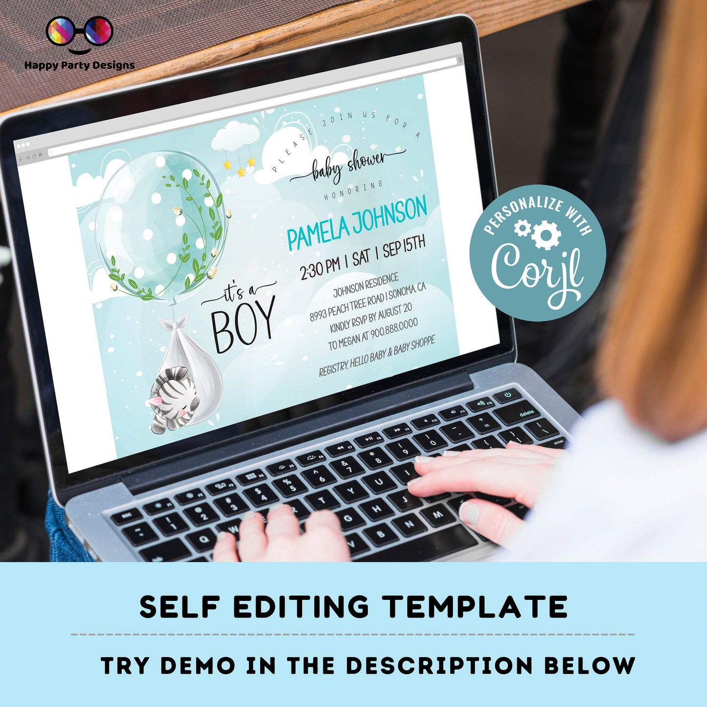 EDITABLE Baby zebra shower invitation | Zebra Invitation | Baby Shower | Instant Download | Baby Boy | Safari baby shower #B23