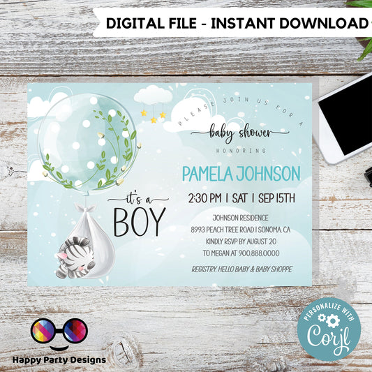 EDITABLE Baby zebra shower invitation | Zebra Invitation | Baby Shower | Instant Download | Baby Boy | Safari baby shower #B23