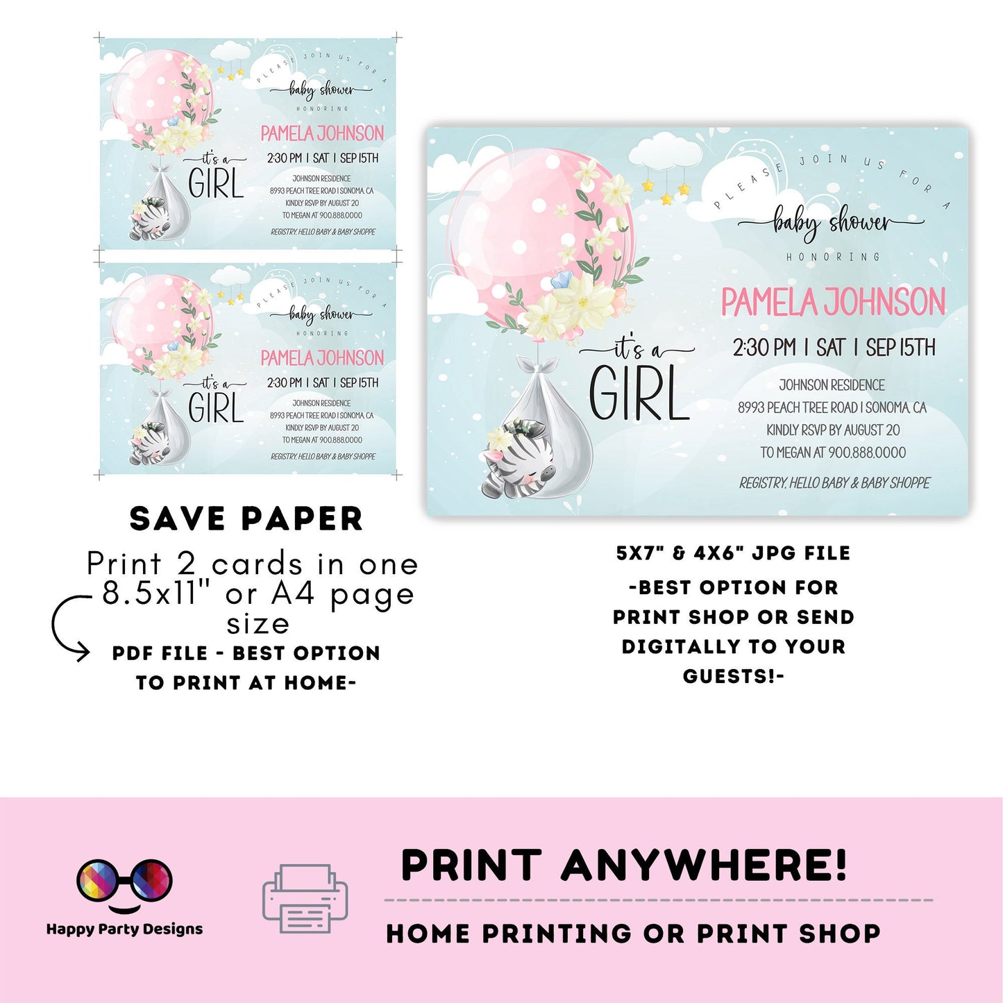 EDITABLE Baby zebra shower invitation | Zebra Invitation | Baby Shower | Instant Download | Baby girl | Safari baby shower #B24