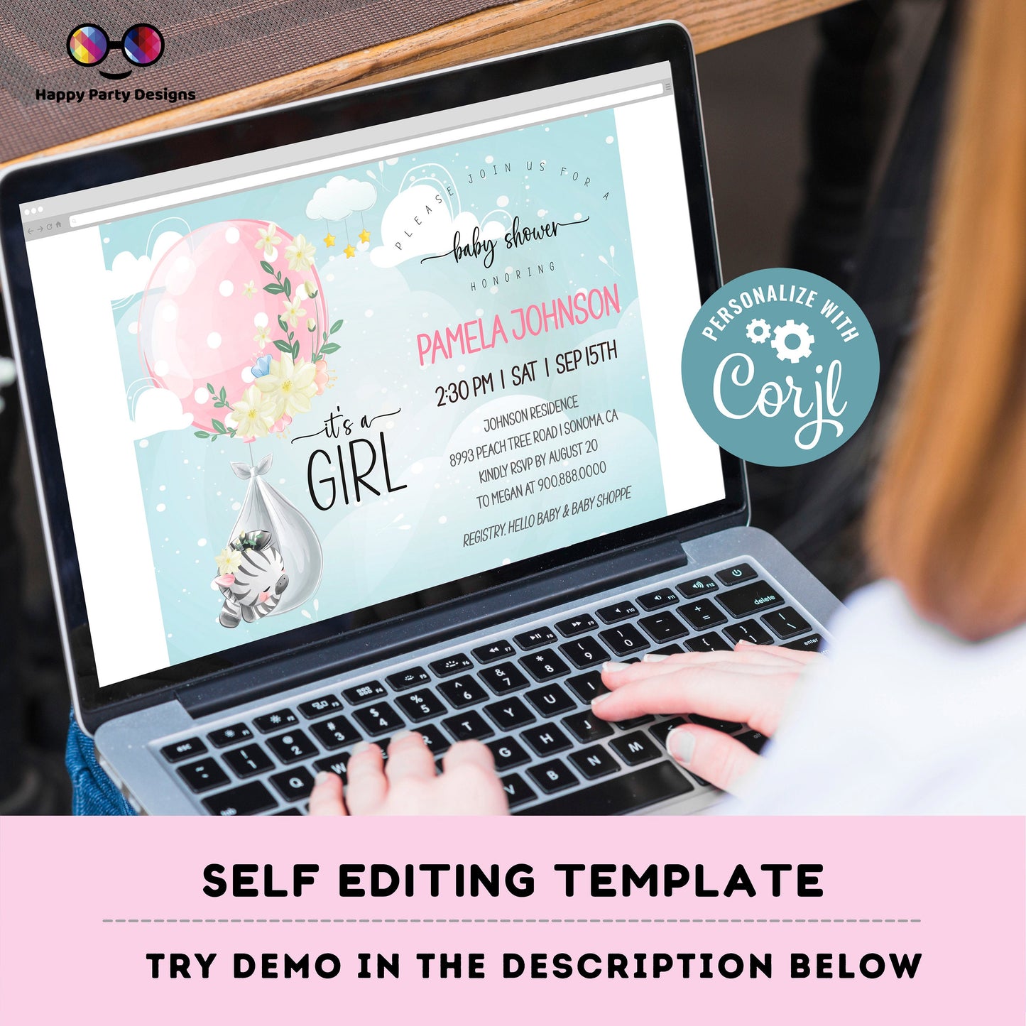 EDITABLE Baby zebra shower invitation | Zebra Invitation | Baby Shower | Instant Download | Baby girl | Safari baby shower #B24