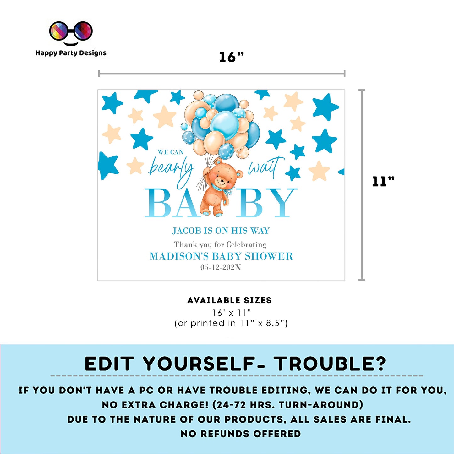 Editable bear and balloons baby shower Placemat | Teddy bear baby shower | Baby boy | baby shower decor | boy baby shower #B22