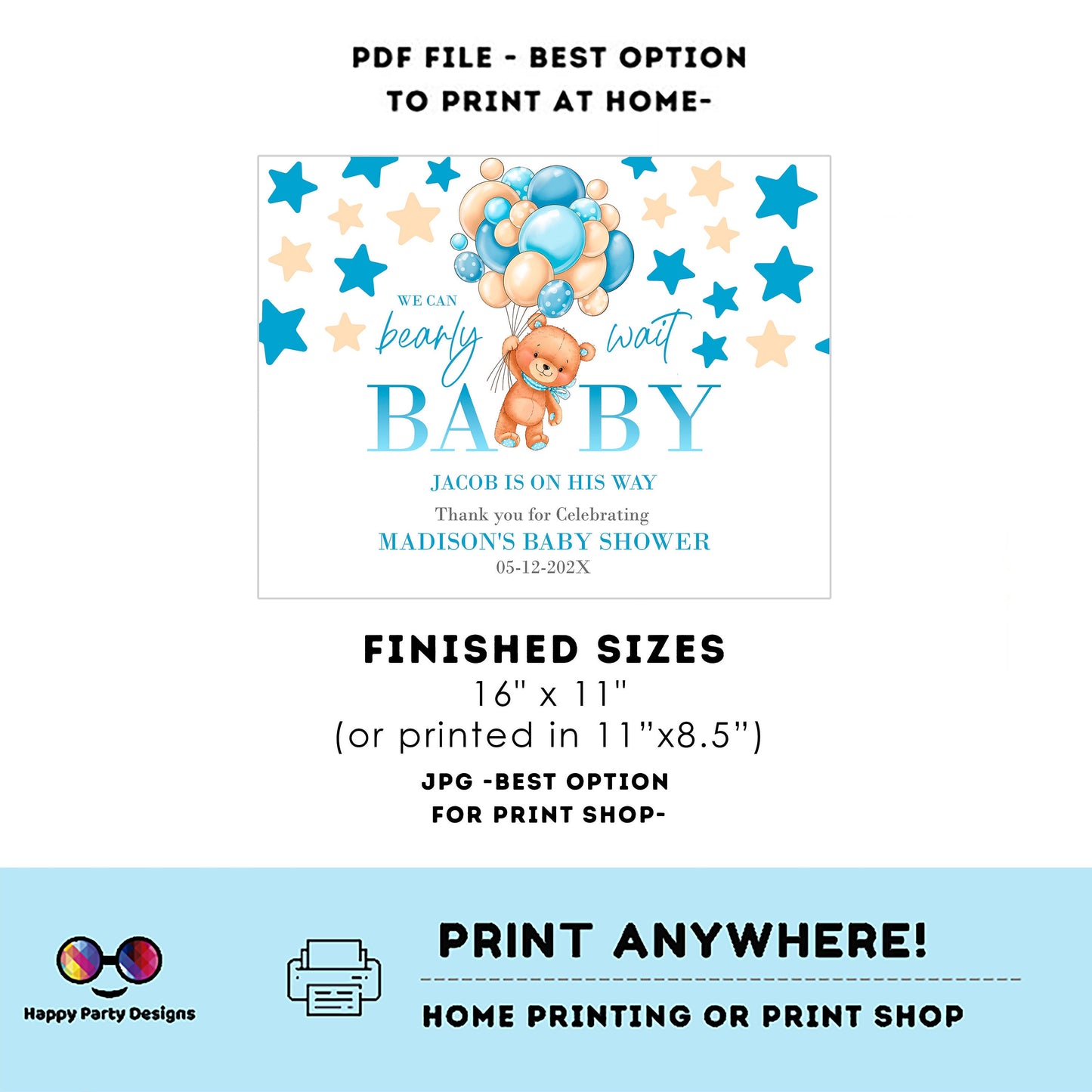 Editable bear and balloons baby shower Placemat | Teddy bear baby shower | Baby boy | baby shower decor | boy baby shower #B22