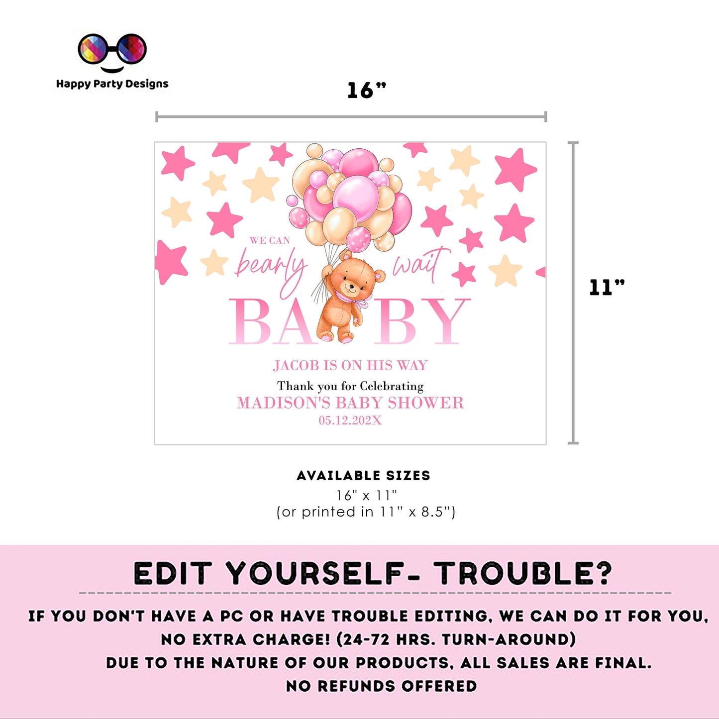 Editable bear and balloons baby shower Placemat | Teddy bear baby shower | Baby girl | baby shower decor | girl baby shower #B21