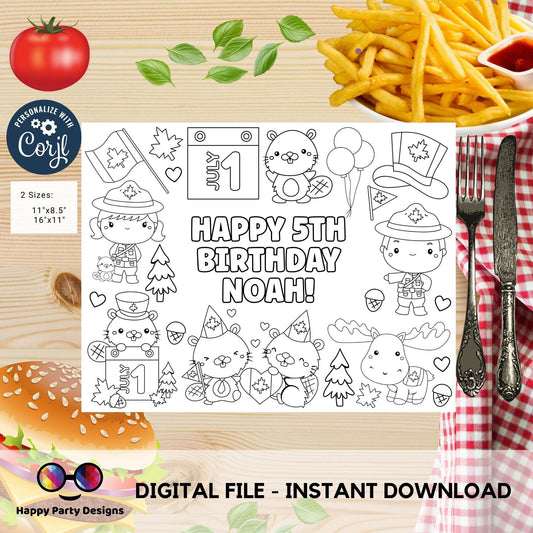 Editable Canada Day Coloring Page | Coloring Placemat | moose | Beaver | Canada flag | Party Supplies | Instant Download | Printable #K281