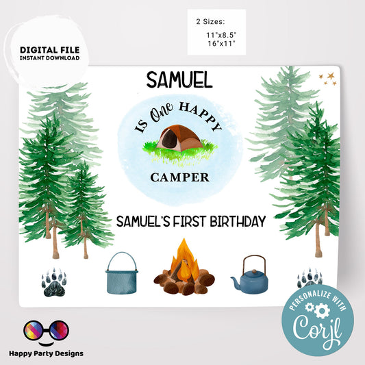 Editable Happy Camper placemat | Placemat | Any Age | One Happy Camper birthday | camping Party Activity Party Favor #K95