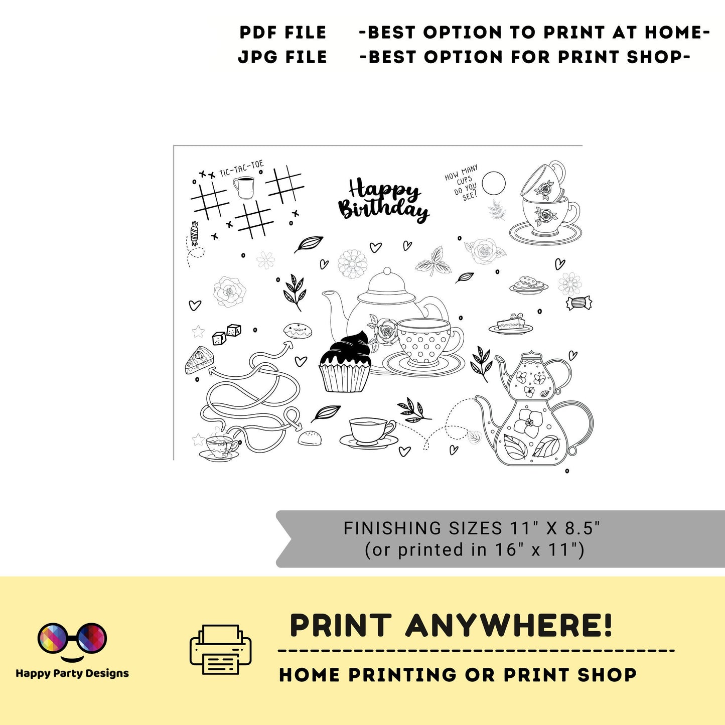 Tea party coloring page Instant Download | Tea party coloring page | Tea party coloring activity page |  Tea time birthday party  #K182