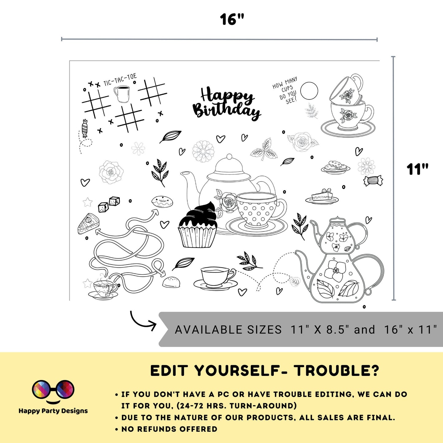Tea party coloring page Instant Download | Tea party coloring page | Tea party coloring activity page |  Tea time birthday party  #K182