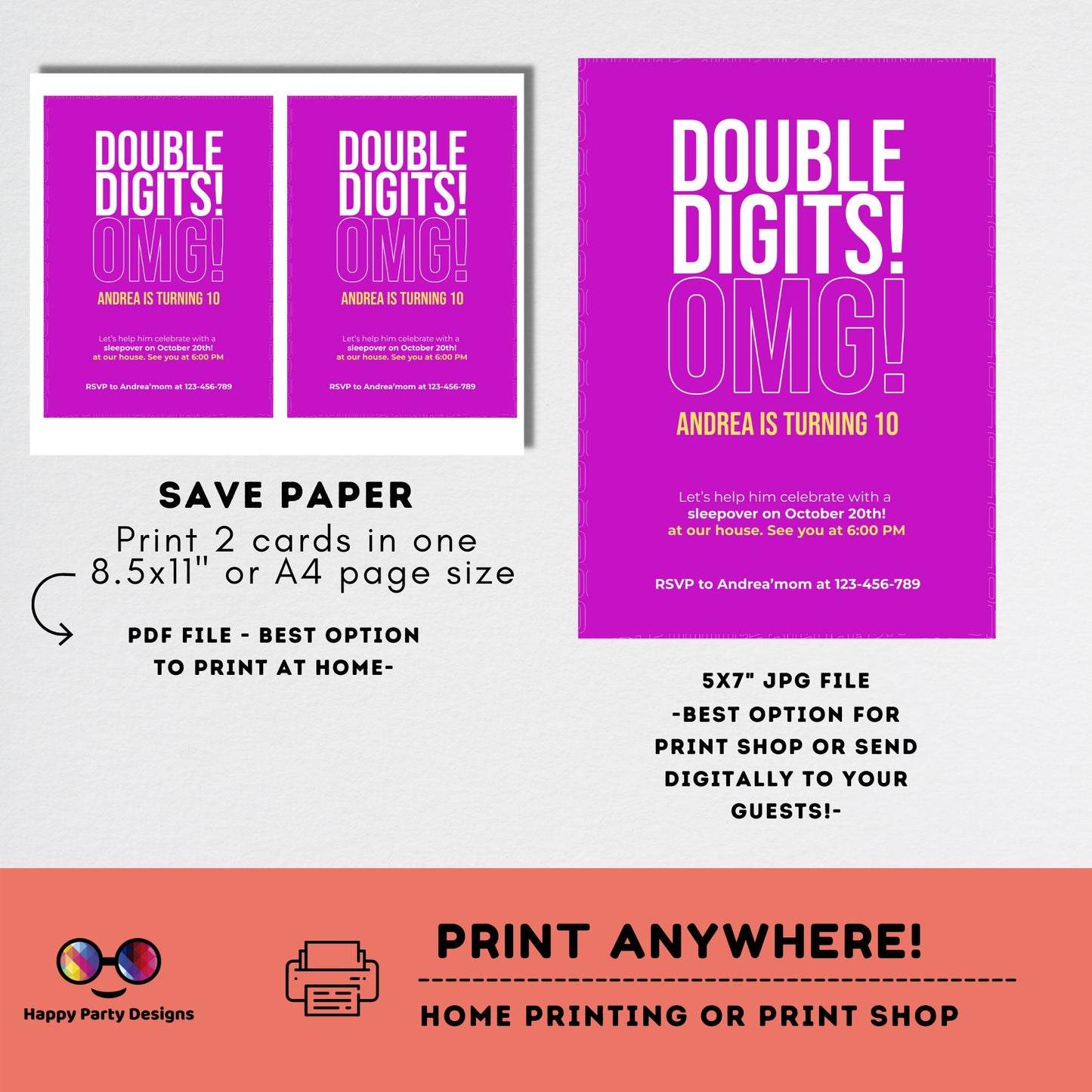 Editable 10th Birthday Invitation | Girl 10th Birthday Party | tween Birthday Invite | Editable fun birthday Invite | double digits #K282