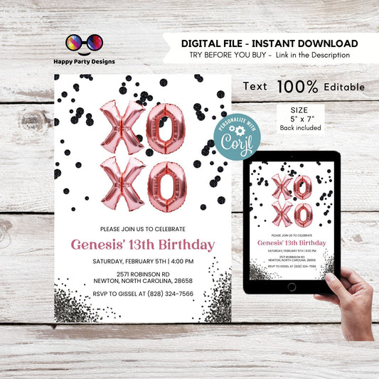 Editable Valentines birthday invitation | XOXO Invitation | Valentine | Printable Valentine's Invitation | galentines | pink birthday #A57