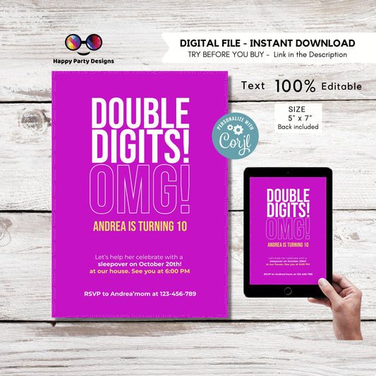 Editable 10th Birthday Invitation | Girl 10th Birthday Party | tween Birthday Invite | Editable fun birthday Invite | double digits #K282
