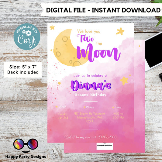 Editable Two the moon Birthday Invitation | girl Second Birthday Party | two-year-old | 2nd birthday party | Edit Yourself #K283