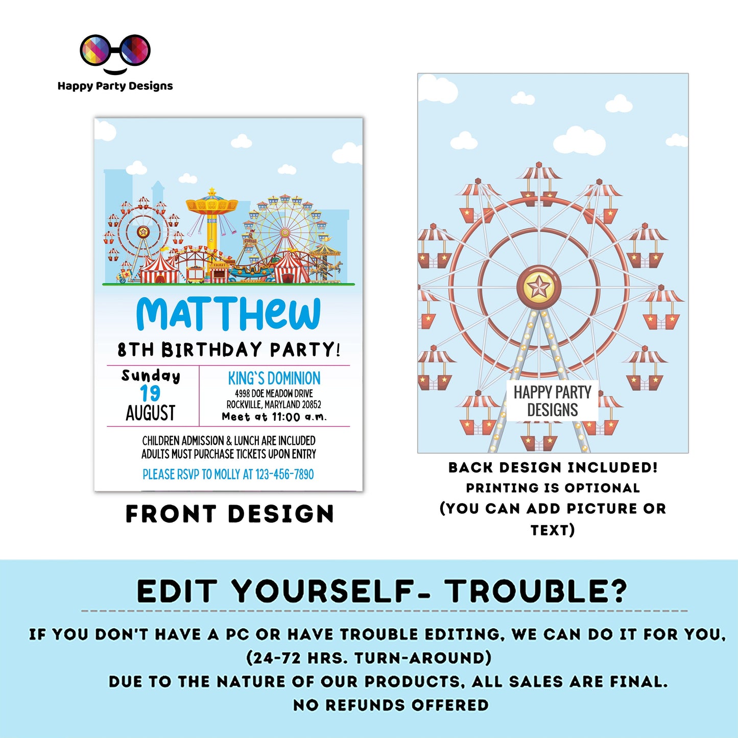 Carnival Birthday Invitation | Amusement Park Invitation | Amusement Park Party | Editable Instant Download | birthday boy Edit Online #K270