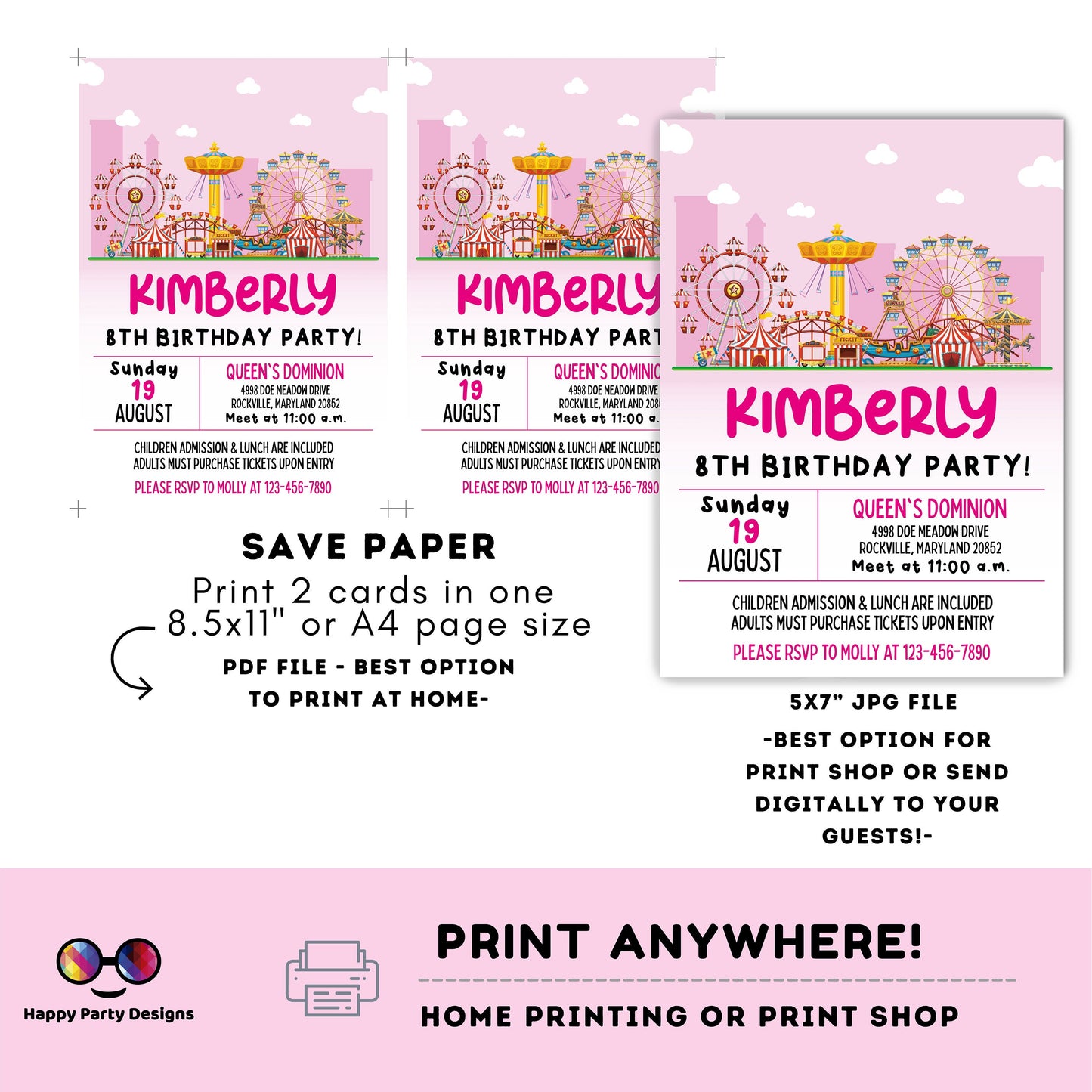 Carnival Birthday Invitation | Amusement Park Invitation | Amusement Park Party | Editable Instant Download |birthday girl Edit Online #K270