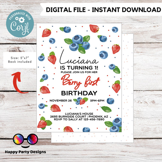 Editable watercolor strawberry invitation | Digital Strawberry printable invite | Birthday girl | Berry first Invitation #K271