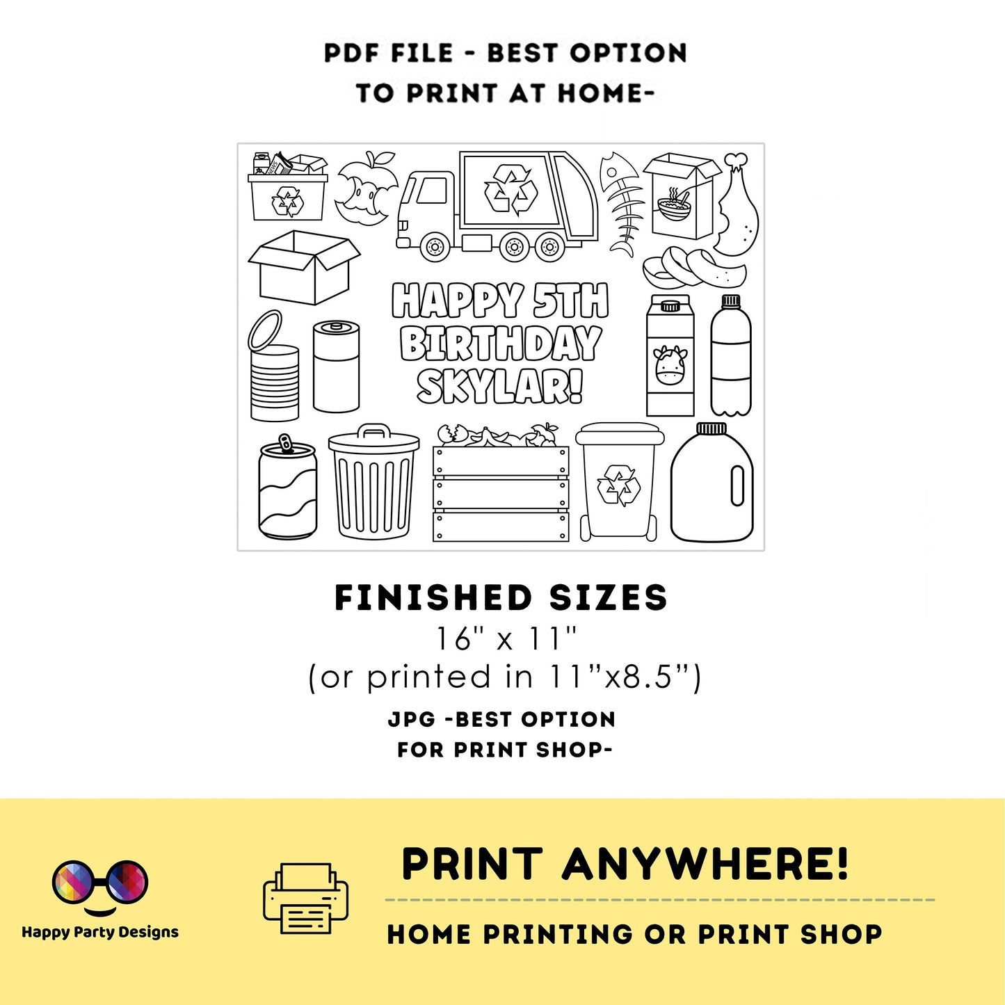 Editable garbage truck coloring page | Placemat coloring page | Any Age | recycling birthday | Game garbage truck Party Activity #K110