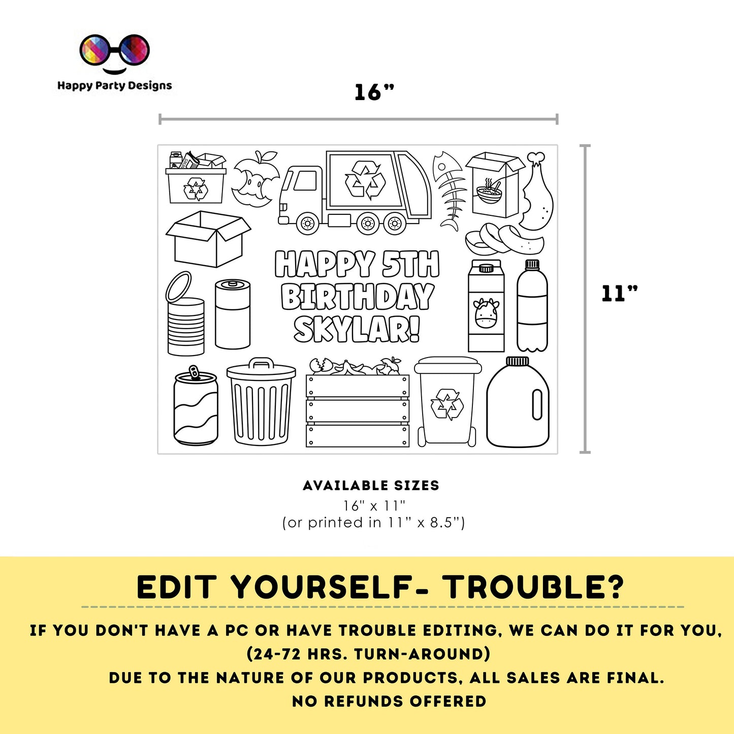 Editable garbage truck coloring page | Placemat coloring page | Any Age | recycling birthday | Game garbage truck Party Activity #K110