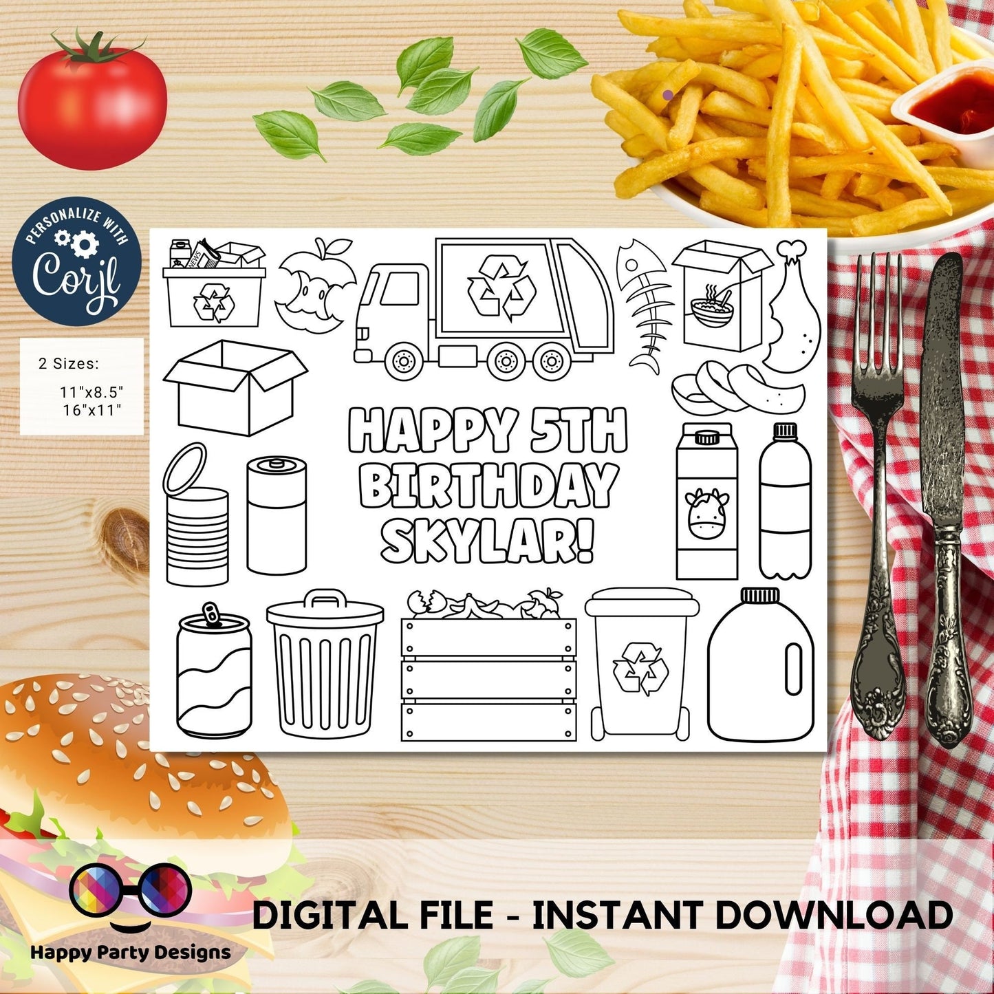 Editable garbage truck coloring page | Placemat coloring page | Any Age | recycling birthday | Game garbage truck Party Activity #K110