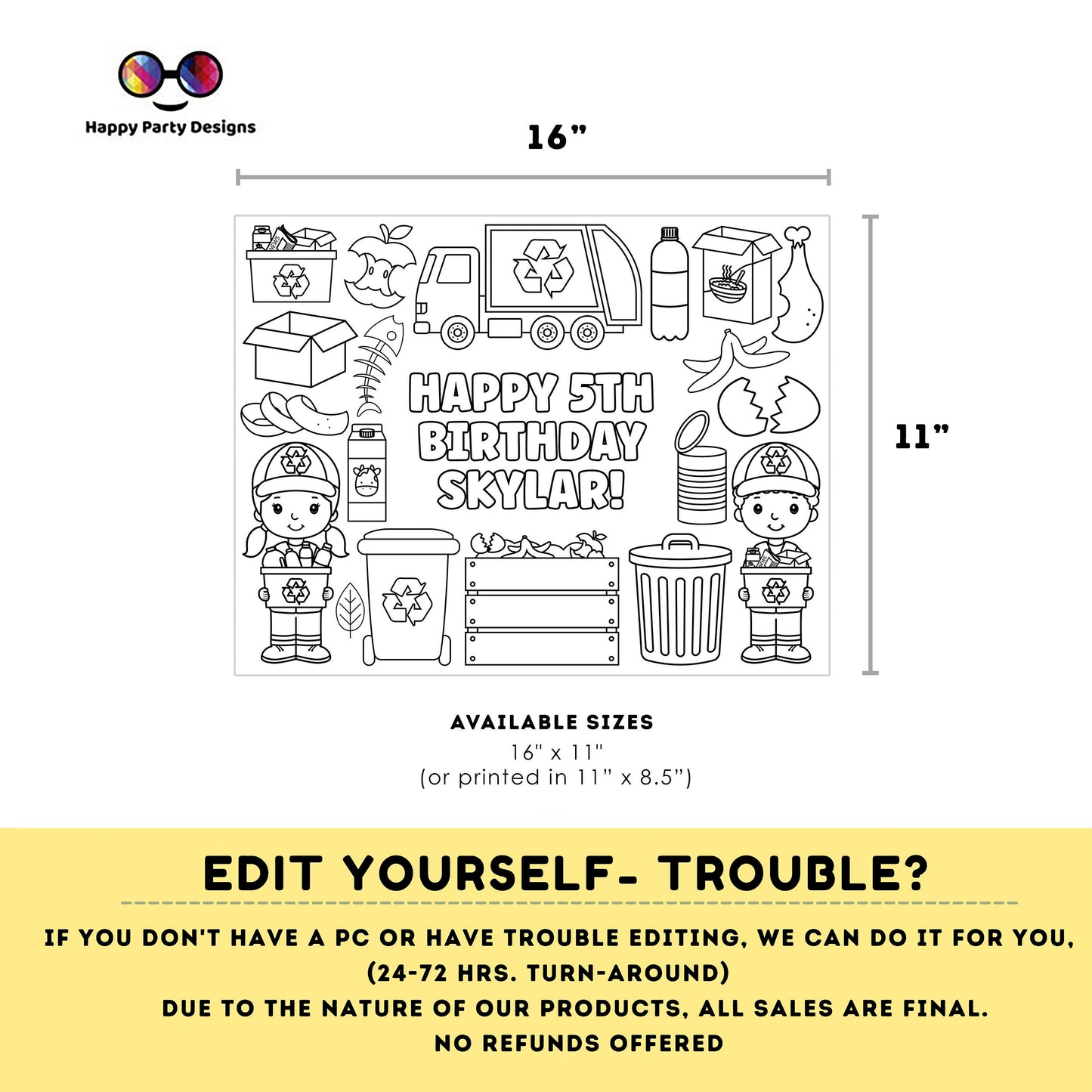 Editable garbage truck coloring page | kids Placemat coloring page | Any Age | recycling birthday | Game garbage truck Party Activity #K110