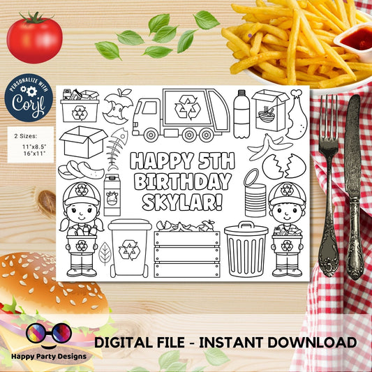 Editable garbage truck coloring page | kids Placemat coloring page | Any Age | recycling birthday | Game garbage truck Party Activity #K110