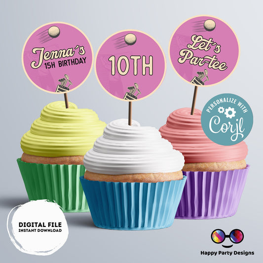 Editable golf Cupcake toppers template | golf Party birthday girl | Par-tee Birthday Party | girl Birthday Party | Stickers |round tag #K179